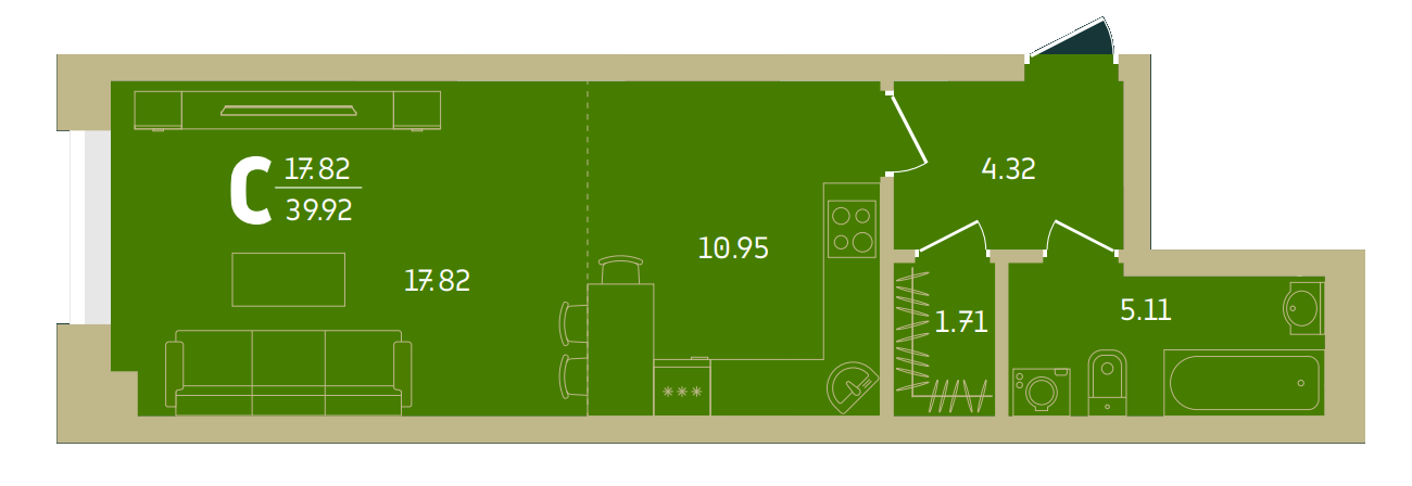 Планировка апартаментов № 331, 39,92 м²