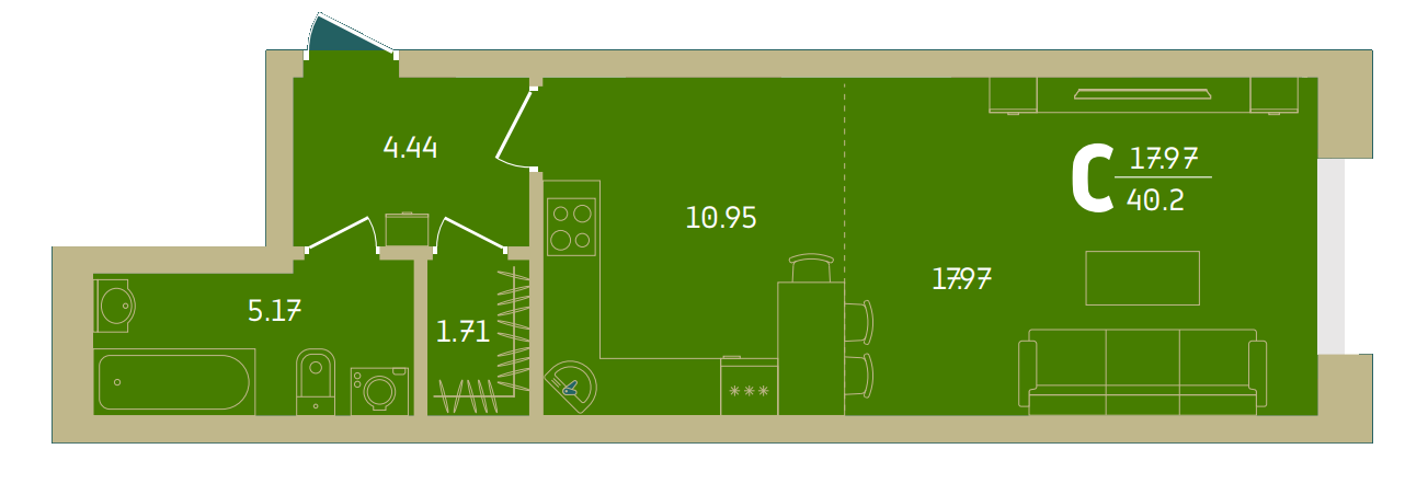 Планировка апартаментов № 220, 40,2 м²